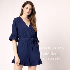 Trina Turk Navy Wrap Romper Ruffle Sleeve Tie Waist Resort Wedding Guest XS S